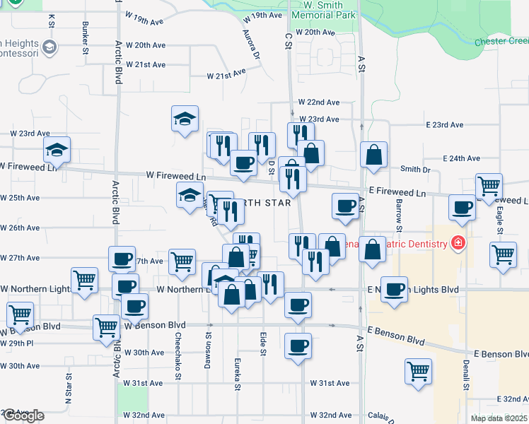 map of restaurants, bars, coffee shops, grocery stores, and more near 2504 Eide Street in Anchorage