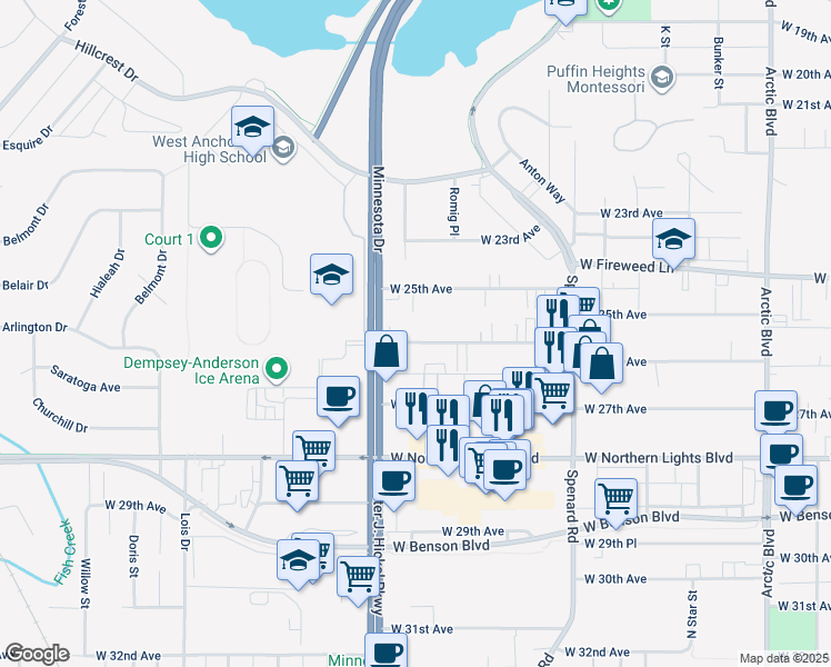 map of restaurants, bars, coffee shops, grocery stores, and more near 1441 West 26th Avenue in Anchorage