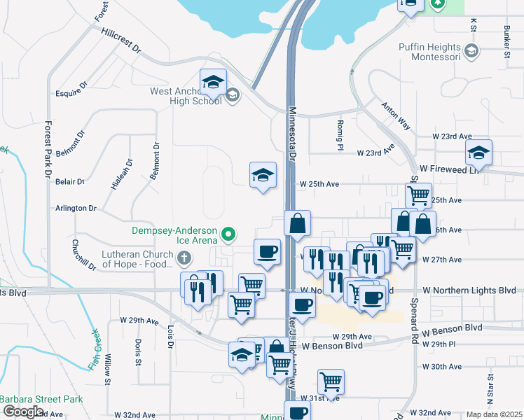 map of restaurants, bars, coffee shops, grocery stores, and more near 2500 Minnesota Drive in Anchorage