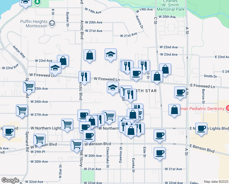 map of restaurants, bars, coffee shops, grocery stores, and more near 2508 Blueberry Road in Anchorage