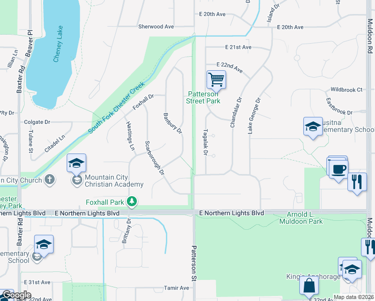 map of restaurants, bars, coffee shops, grocery stores, and more near 2410 Banbury Drive in Anchorage