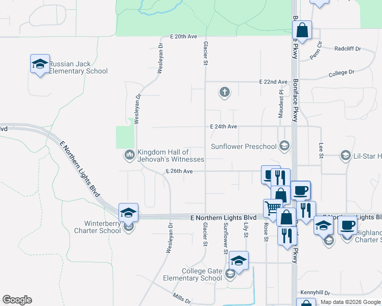 map of restaurants, bars, coffee shops, grocery stores, and more near 5026 East 24th Avenue in Anchorage