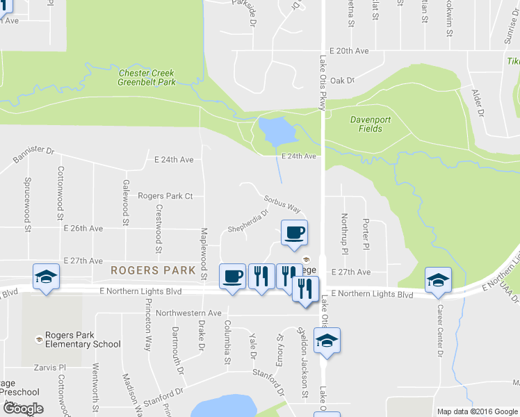 map of restaurants, bars, coffee shops, grocery stores, and more near 2131 Sorbus Way in Anchorage