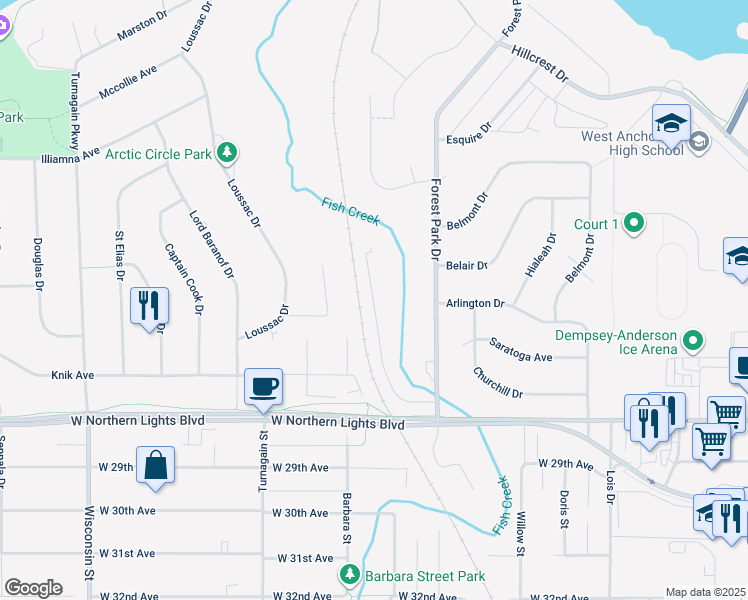 map of restaurants, bars, coffee shops, grocery stores, and more near 2415 La Honda Drive in Anchorage