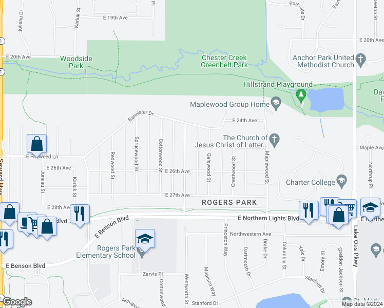 map of restaurants, bars, coffee shops, grocery stores, and more near 2444 Galewood Street in Anchorage