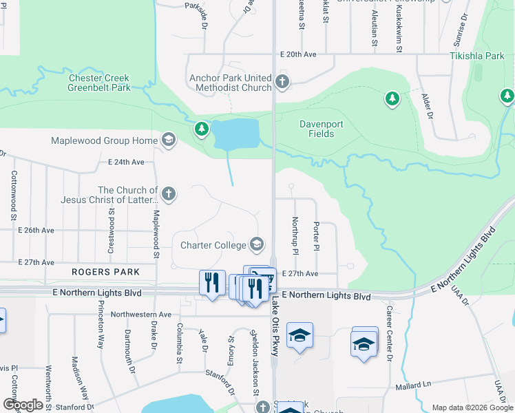 map of restaurants, bars, coffee shops, grocery stores, and more near 2223 Sorbus Way in Anchorage