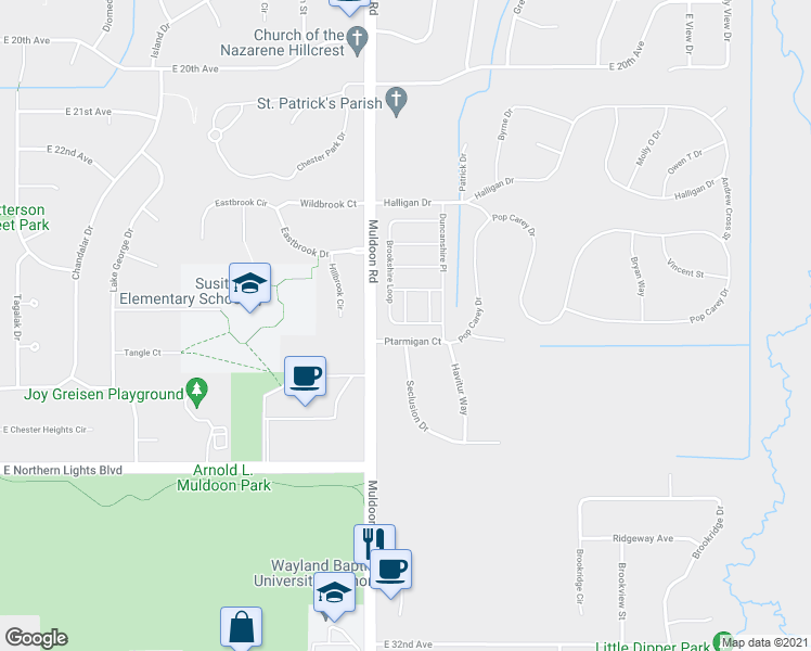 map of restaurants, bars, coffee shops, grocery stores, and more near 7989 Hillshire Court in Anchorage
