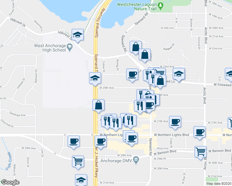 map of restaurants, bars, coffee shops, grocery stores, and more near 1400 West 25th Avenue in Anchorage