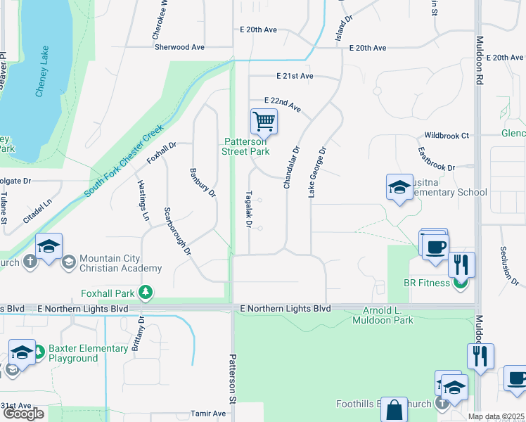 map of restaurants, bars, coffee shops, grocery stores, and more near 7211 Sanak Circle in Anchorage