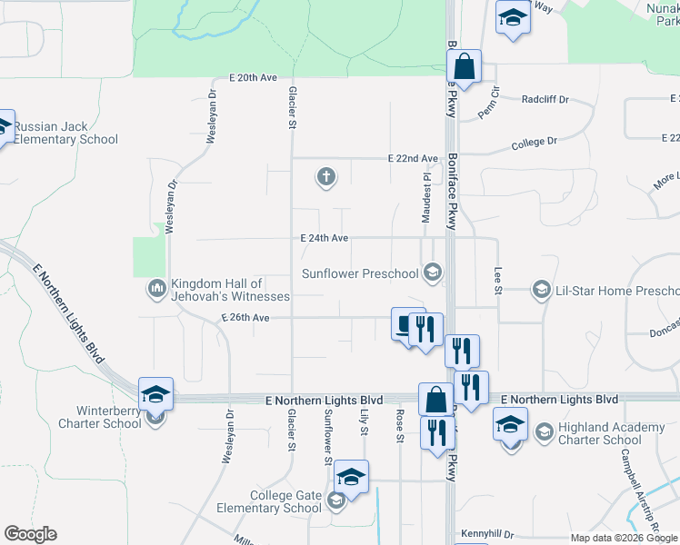map of restaurants, bars, coffee shops, grocery stores, and more near 5214 East 24th Avenue in Anchorage