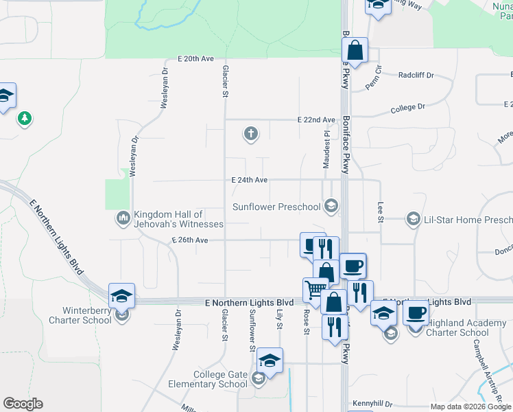 map of restaurants, bars, coffee shops, grocery stores, and more near 5214 East 24th Avenue in Anchorage