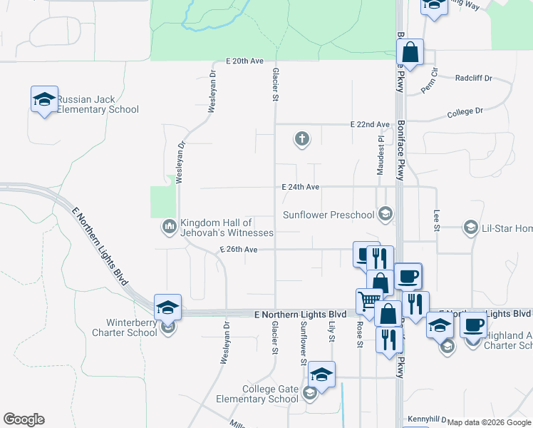 map of restaurants, bars, coffee shops, grocery stores, and more near 5026 East 24th Avenue in Anchorage