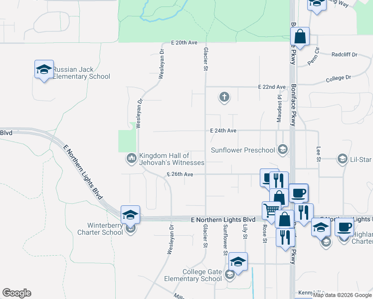 map of restaurants, bars, coffee shops, grocery stores, and more near 5026 East 24th Avenue in Anchorage