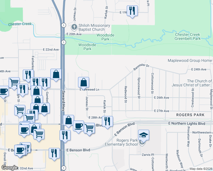 map of restaurants, bars, coffee shops, grocery stores, and more near 2439 Karluk Street in Anchorage
