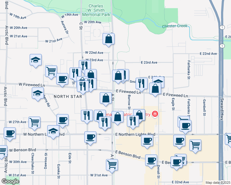 map of restaurants, bars, coffee shops, grocery stores, and more near 123 East Fireweed Lane in Anchorage