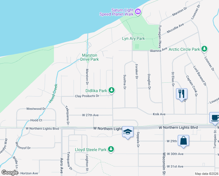 map of restaurants, bars, coffee shops, grocery stores, and more near 2414 Mckenzie Drive in Anchorage