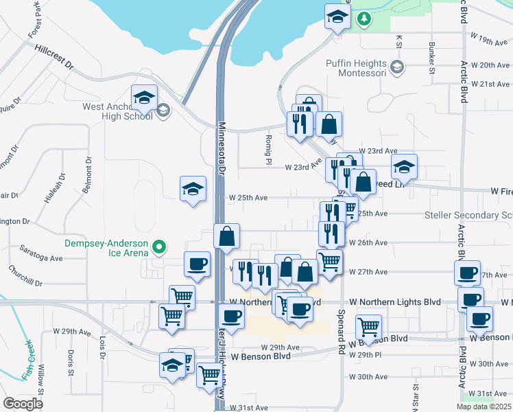 map of restaurants, bars, coffee shops, grocery stores, and more near 1443 West 25th Avenue in Anchorage