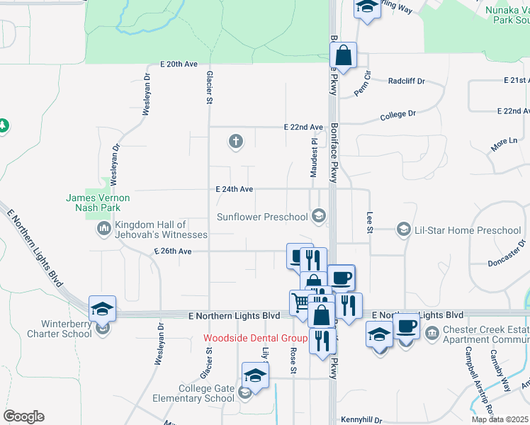 map of restaurants, bars, coffee shops, grocery stores, and more near 5232 East 24th Avenue in Anchorage