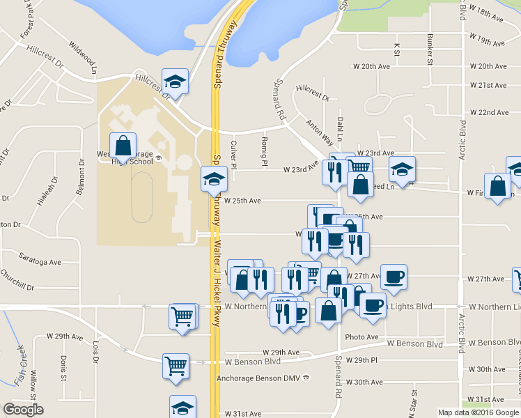 map of restaurants, bars, coffee shops, grocery stores, and more near 1351 West 25th Avenue in Anchorage