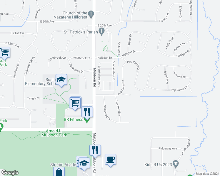 map of restaurants, bars, coffee shops, grocery stores, and more near 2482 Lochenshire Place in Anchorage