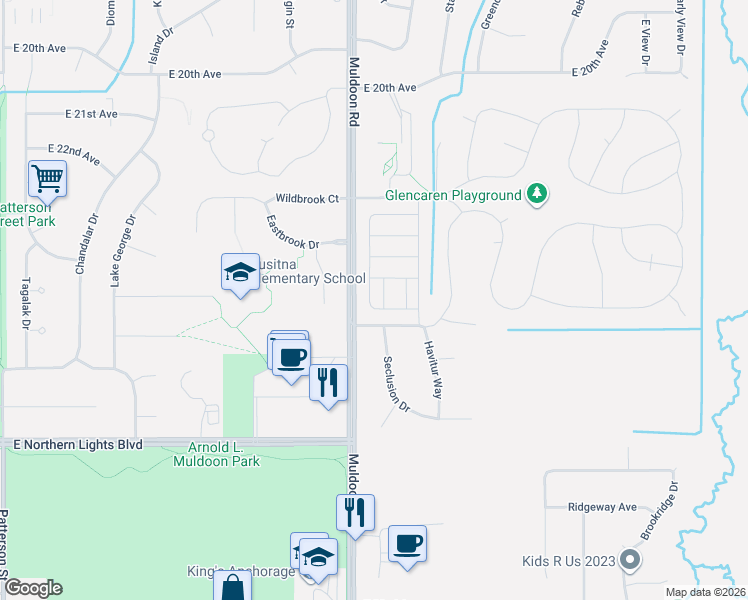 map of restaurants, bars, coffee shops, grocery stores, and more near 2442 Brookshire Loop in Anchorage