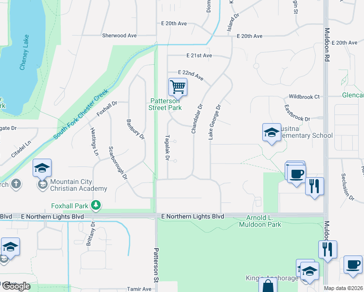 map of restaurants, bars, coffee shops, grocery stores, and more near 7211 Sanak Circle in Anchorage