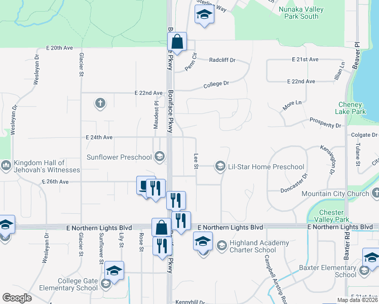 map of restaurants, bars, coffee shops, grocery stores, and more near 2412 Lee Street in Anchorage