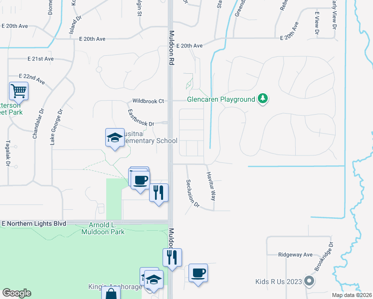 map of restaurants, bars, coffee shops, grocery stores, and more near 7989 Hillshire Court in Anchorage