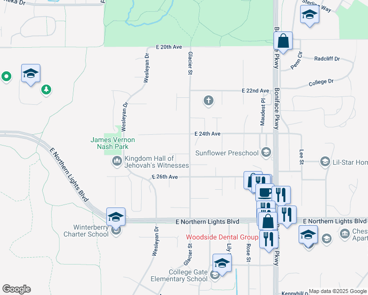 map of restaurants, bars, coffee shops, grocery stores, and more near 5026 East 24th Avenue in Anchorage