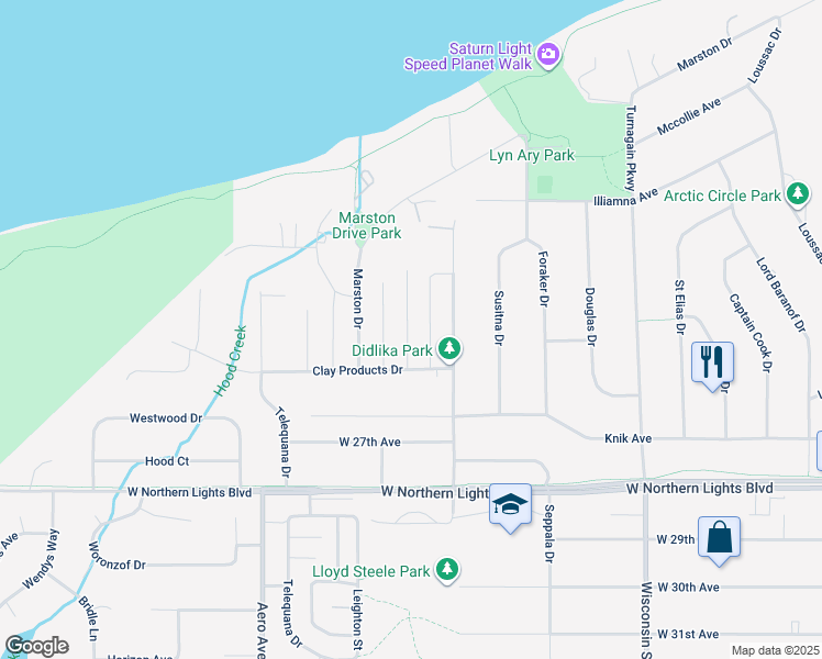 map of restaurants, bars, coffee shops, grocery stores, and more near 2428 Tulik Drive in Anchorage