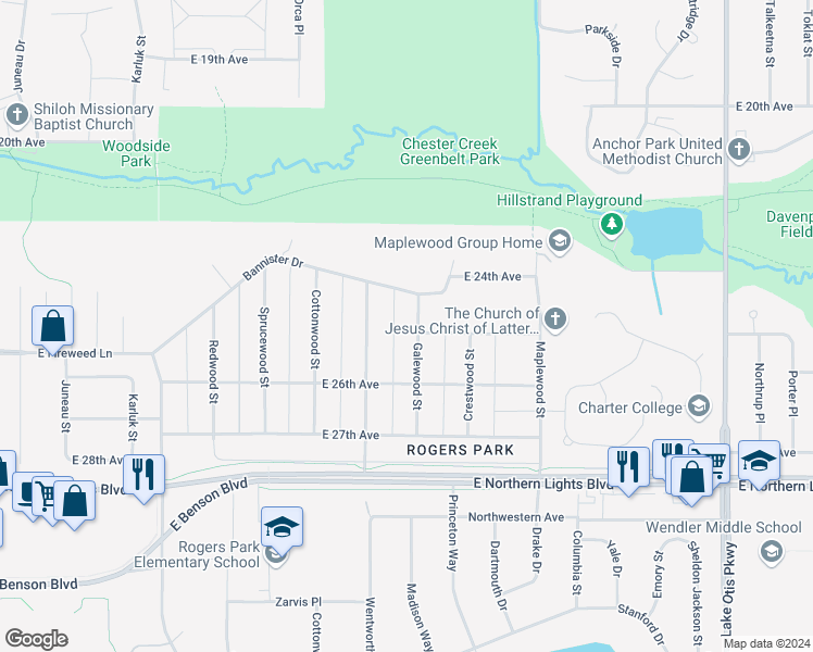 map of restaurants, bars, coffee shops, grocery stores, and more near 2444 Galewood Street in Anchorage