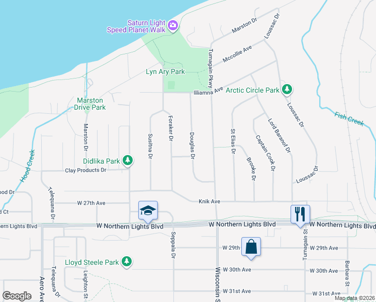 map of restaurants, bars, coffee shops, grocery stores, and more near 2415 Foraker Drive in Anchorage