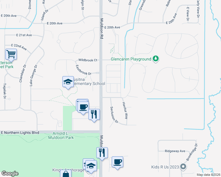 map of restaurants, bars, coffee shops, grocery stores, and more near 7989 Hillshire Court in Anchorage