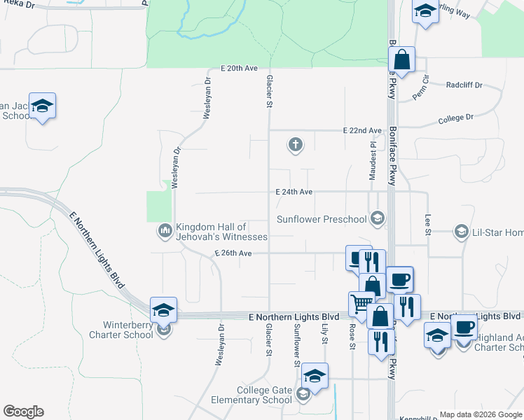 map of restaurants, bars, coffee shops, grocery stores, and more near 5026 East 24th Avenue in Anchorage