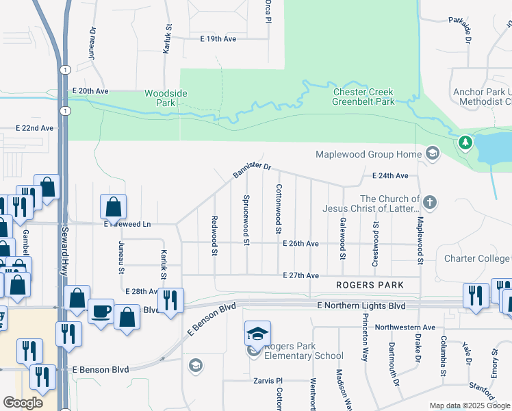 map of restaurants, bars, coffee shops, grocery stores, and more near 2451 Sprucewood Street in Anchorage