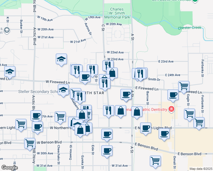 map of restaurants, bars, coffee shops, grocery stores, and more near C St & W Fireweed Ln in Anchorage
