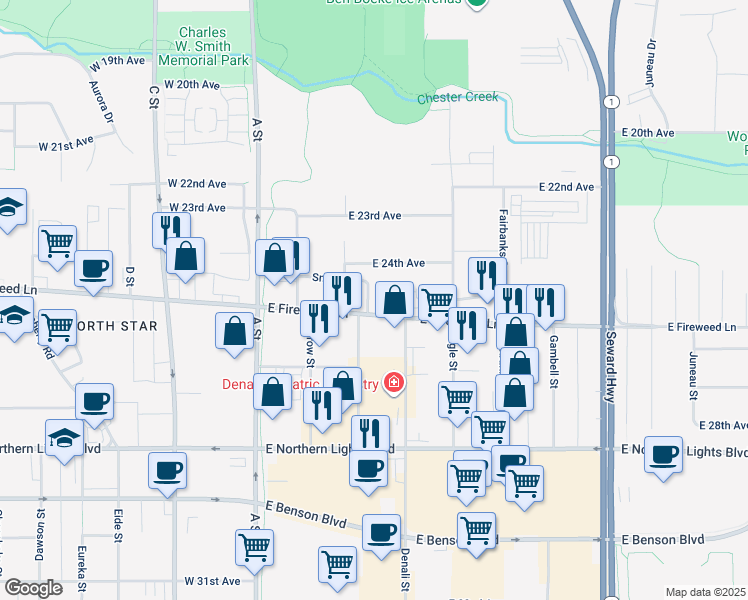 map of restaurants, bars, coffee shops, grocery stores, and more near 301 East Fireweed Lane in Anchorage