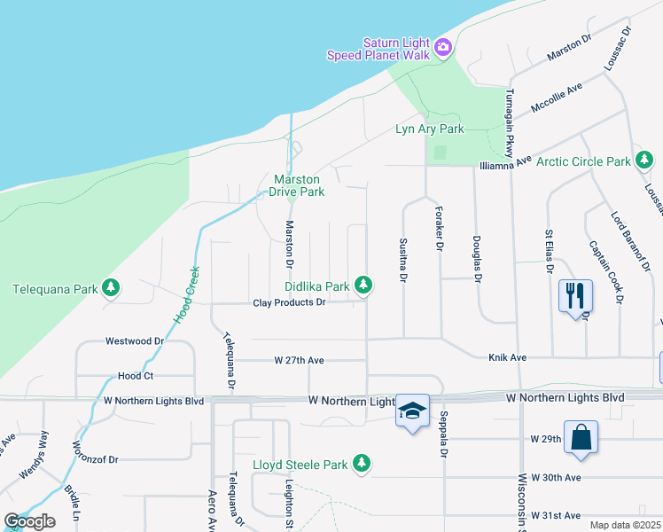 map of restaurants, bars, coffee shops, grocery stores, and more near 2428 Tulik Drive in Anchorage