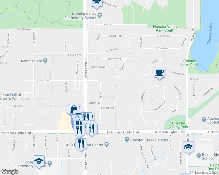 map of restaurants, bars, coffee shops, grocery stores, and more near 5650 Renee Circle in Anchorage