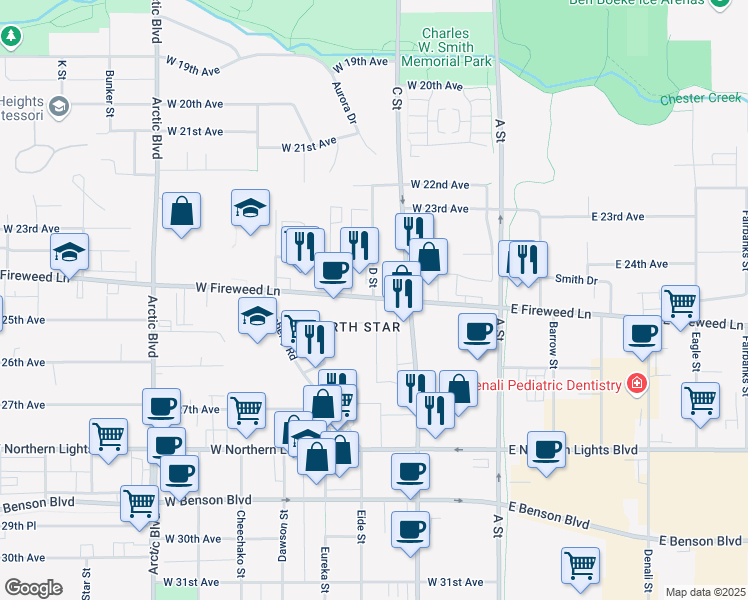 map of restaurants, bars, coffee shops, grocery stores, and more near 407 West Fireweed Lane in Anchorage