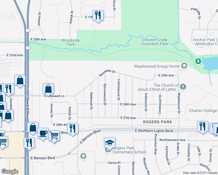 map of restaurants, bars, coffee shops, grocery stores, and more near 2451 Sprucewood Street in Anchorage