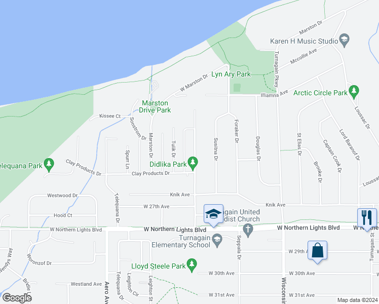 map of restaurants, bars, coffee shops, grocery stores, and more near 2414 Mckenzie Drive in Anchorage
