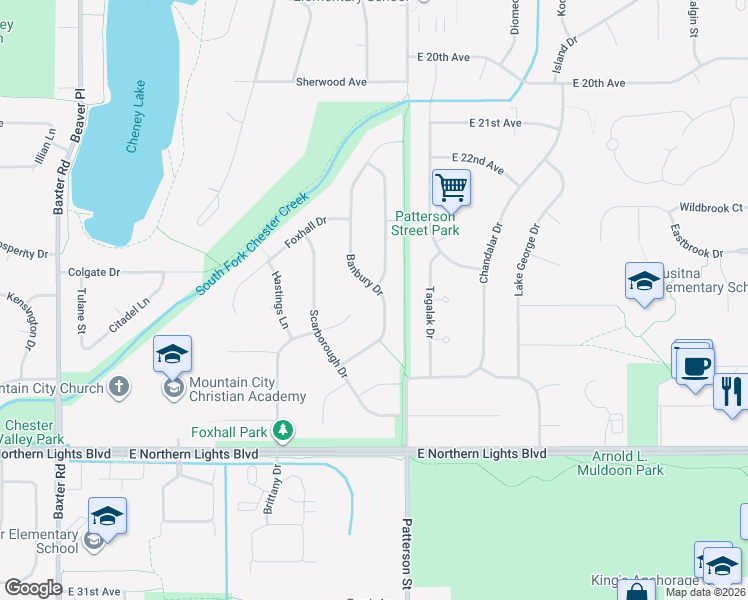 map of restaurants, bars, coffee shops, grocery stores, and more near 2410 Banbury Drive in Anchorage