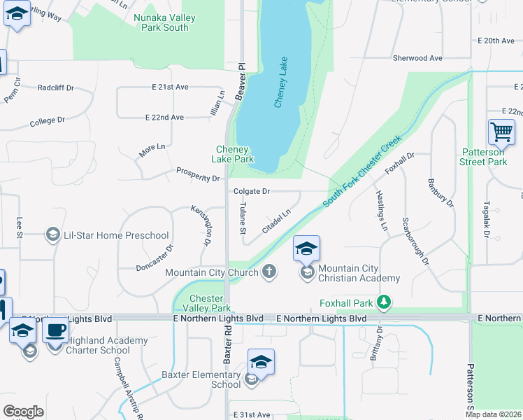 map of restaurants, bars, coffee shops, grocery stores, and more near 6369 Citadel Ln in Anchorage