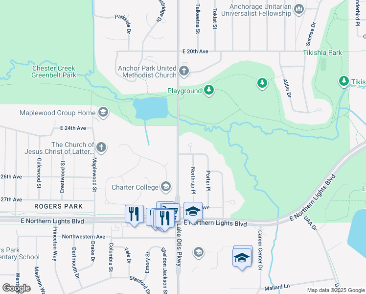 map of restaurants, bars, coffee shops, grocery stores, and more near 2421 Lake Otis Pkwy in Anchorage
