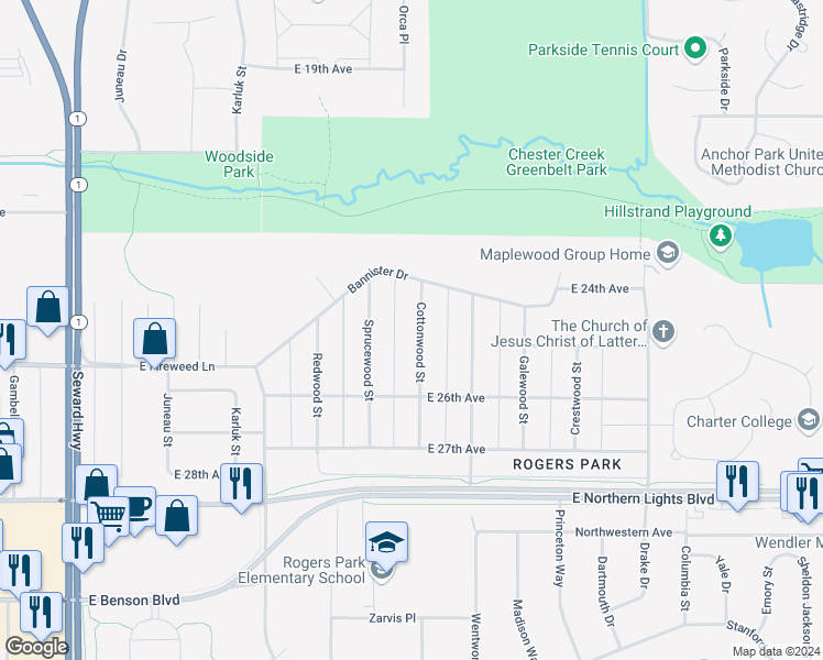 map of restaurants, bars, coffee shops, grocery stores, and more near 2444 Cottonwood Street in Anchorage
