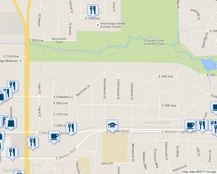 map of restaurants, bars, coffee shops, grocery stores, and more near 2451 Sprucewood Street in Anchorage