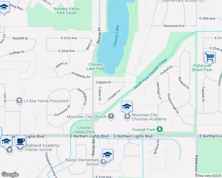 map of restaurants, bars, coffee shops, grocery stores, and more near 6369 Citadel Lane in Anchorage