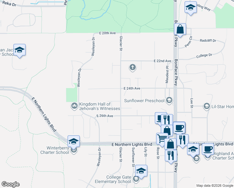 map of restaurants, bars, coffee shops, grocery stores, and more near 5026 Marlowe Ave in Anchorage