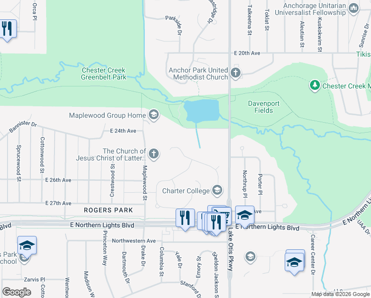 map of restaurants, bars, coffee shops, grocery stores, and more near 2135 Sorbus Way in Anchorage